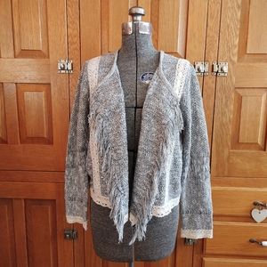 Vintage 90s Nancy McFadden Collection blue & cream fringe and lace open cardigan